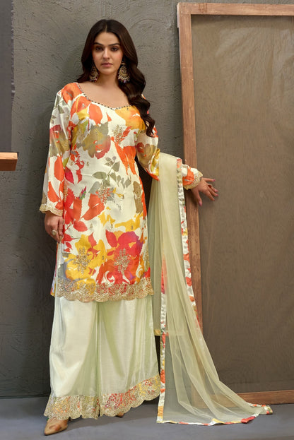 Cream Multicolour Chinon Printed Embroidered Palazzo Suit (Free Size Stitched)