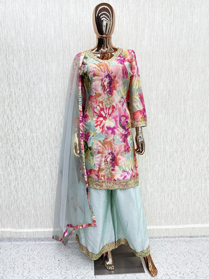 Gray Multicolour Chinon Printed Embroidered Palazzo Suit (Free Size Stitched)