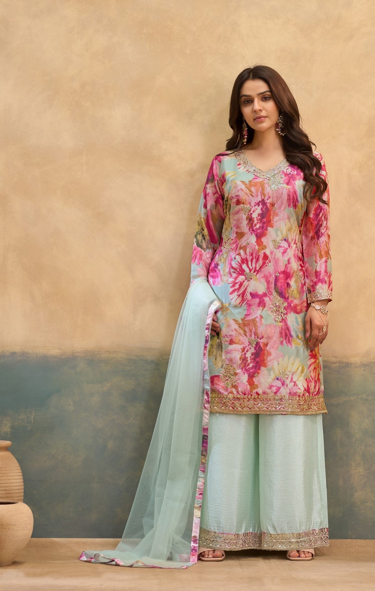 Gray Multicolour Chinon Printed Embroidered Palazzo Suit (Free Size Stitched)