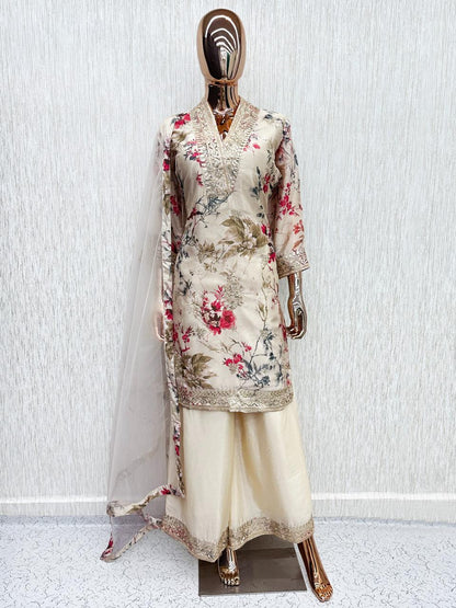 Off White Multicolour Chinon Printed Embroidered Palazzo Suit (Free Size Stitched)