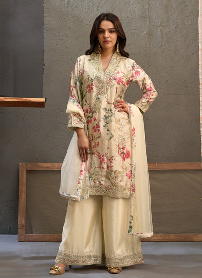 Off White Multicolour Chinon Printed Embroidered Palazzo Suit (Free Size Stitched)