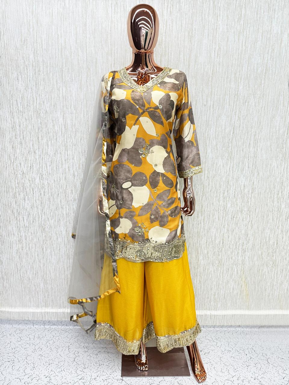 Yellow Multicolour Chinon Printed Embroidered Palazzo Suit (Free Size Stitched)