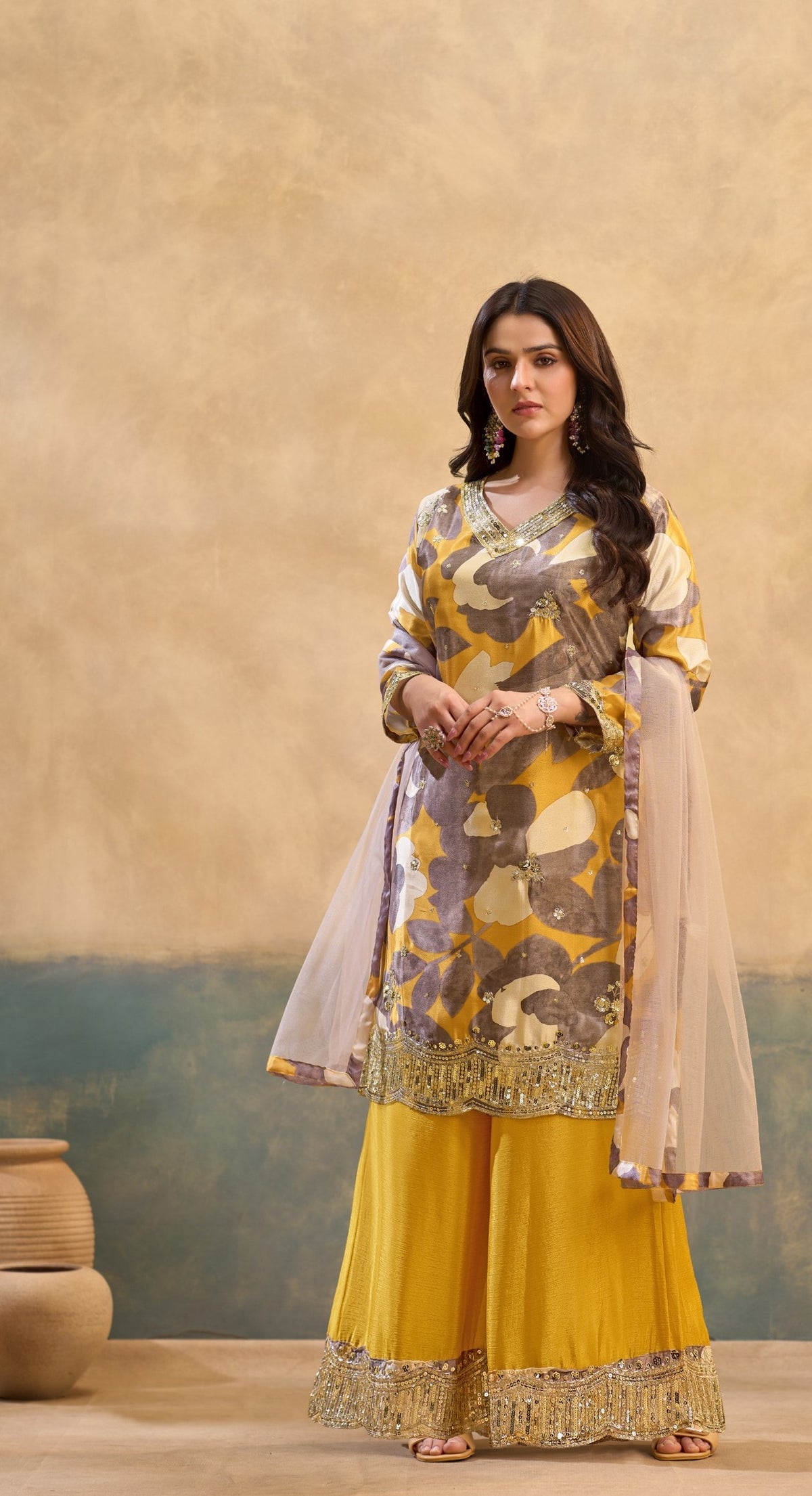 Yellow Multicolour Chinon Printed Embroidered Palazzo Suit (Free Size Stitched)