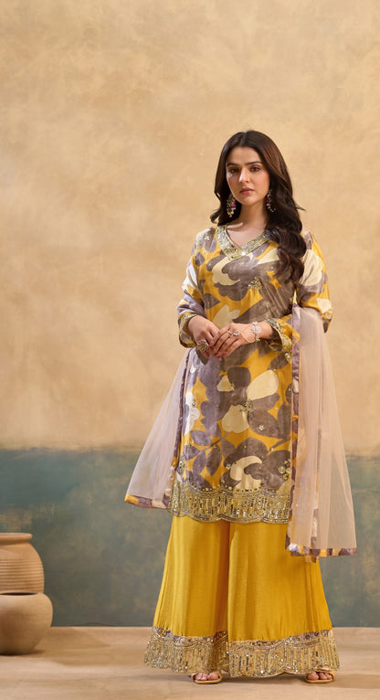 Yellow Multicolour Chinon Printed Embroidered Palazzo Suit (Free Size Stitched)
