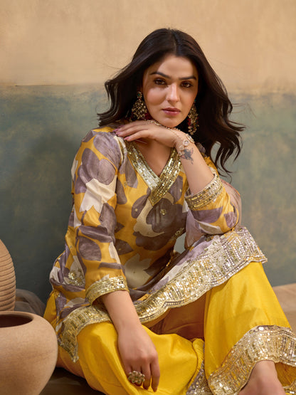 Yellow Multicolour Chinon Printed Embroidered Palazzo Suit (Free Size Stitched)