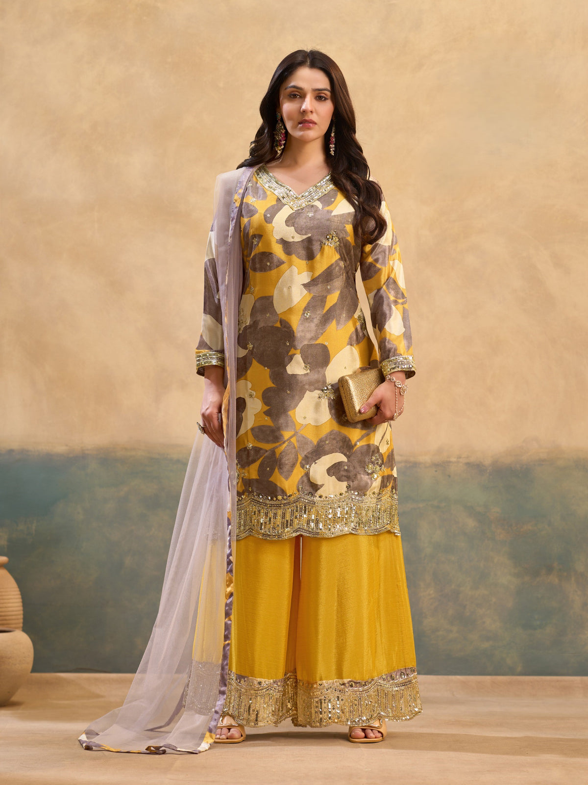 Yellow Multicolour Chinon Printed Embroidered Palazzo Suit (Free Size Stitched)