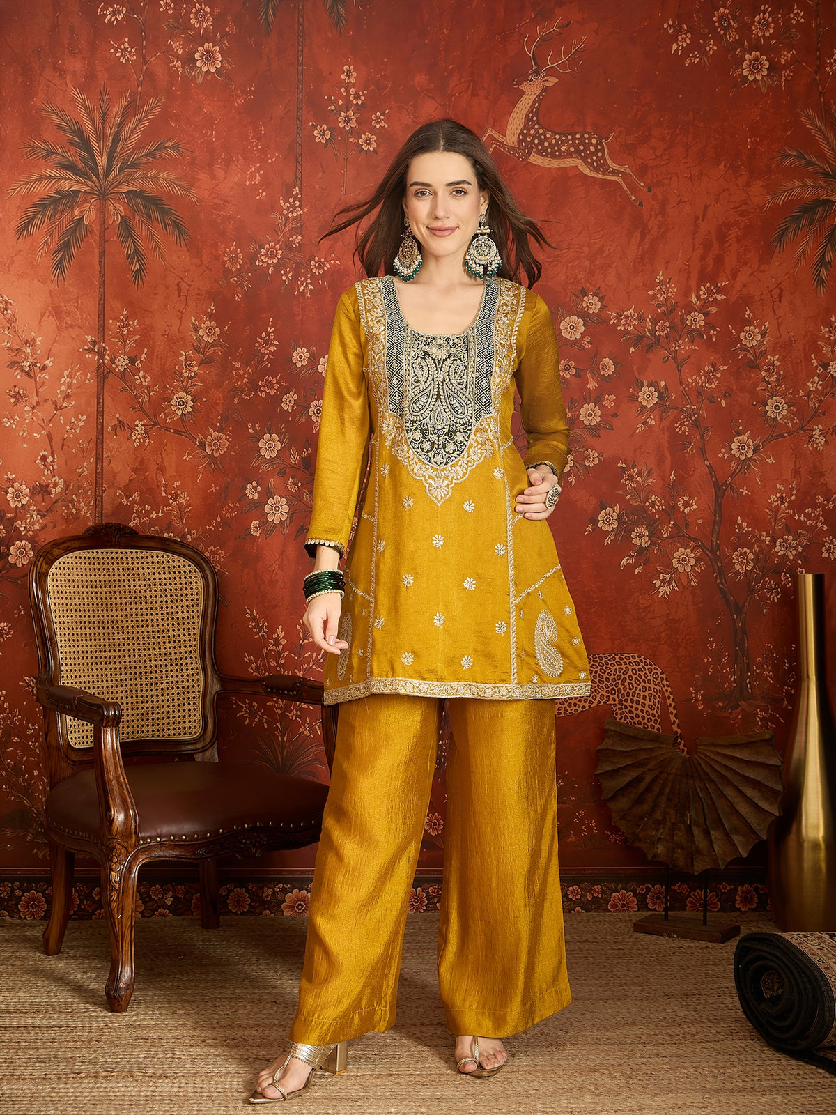 Mustard Yellow Embroidered Straight Suit (Readymade)