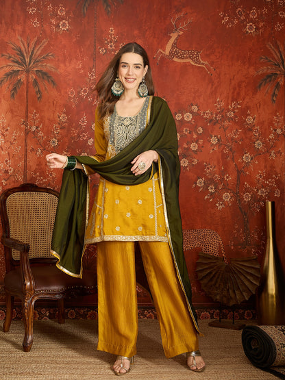 Mustard Yellow Embroidered Straight Suit (Readymade)