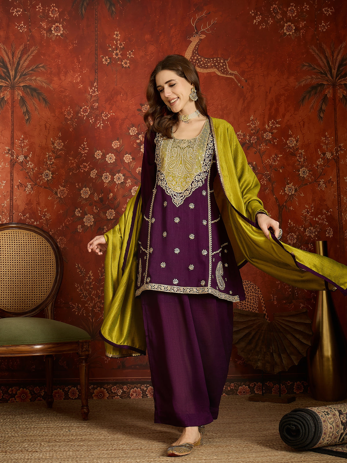 Purple Embroidered Straight Suit (Readymade)