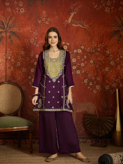 Purple Embroidered Straight Suit (Readymade)