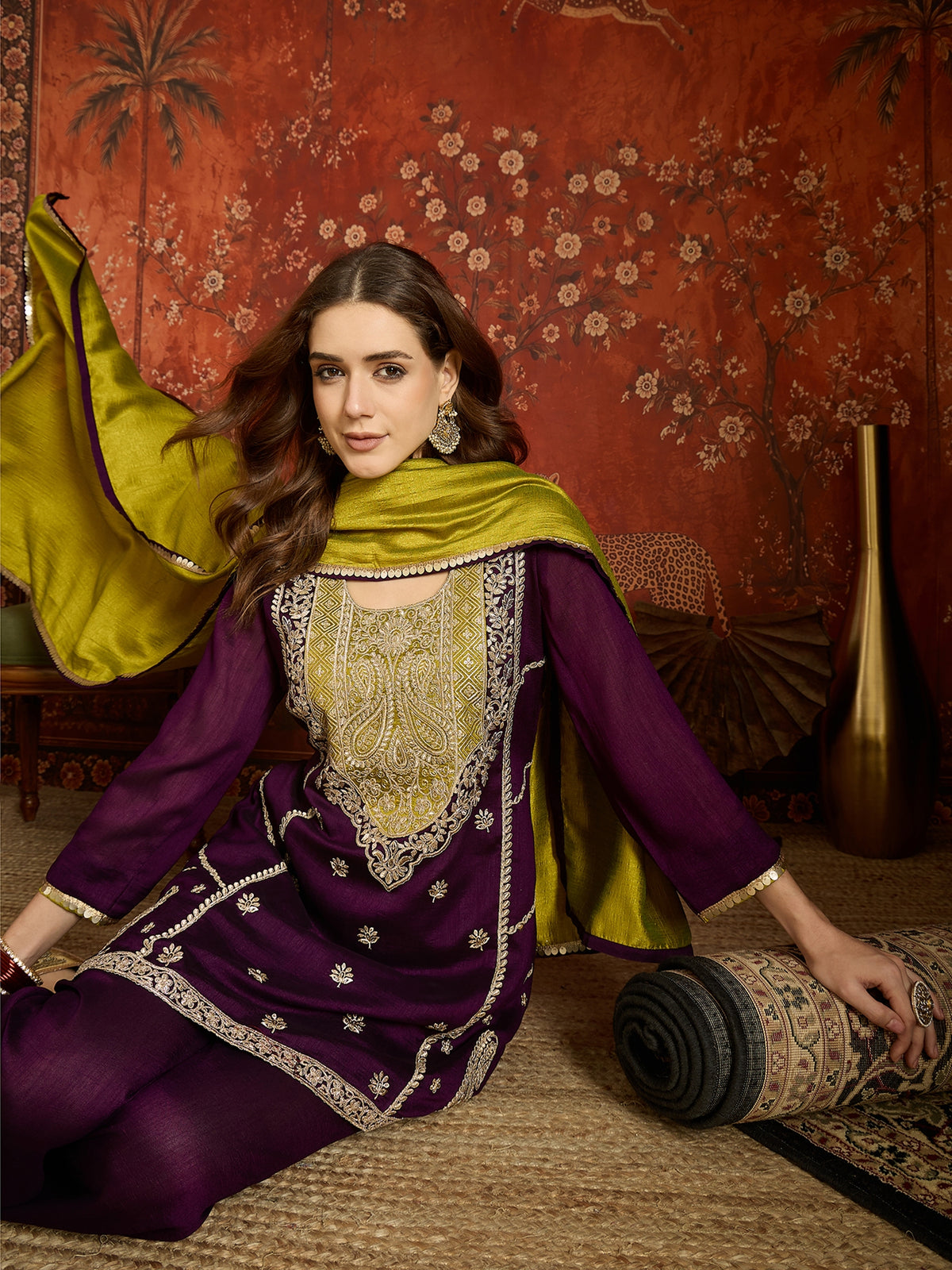 Purple Embroidered Straight Suit (Readymade)