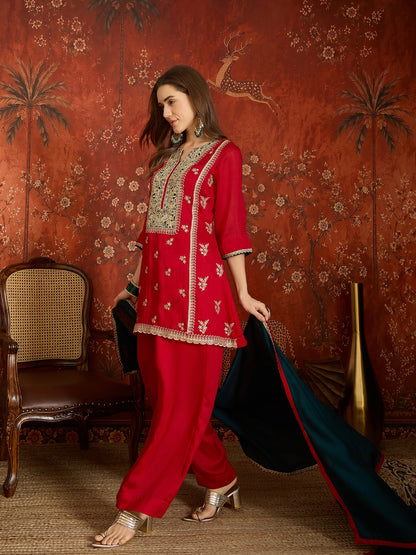 Red Embroidered Straight Suit (Readymade)