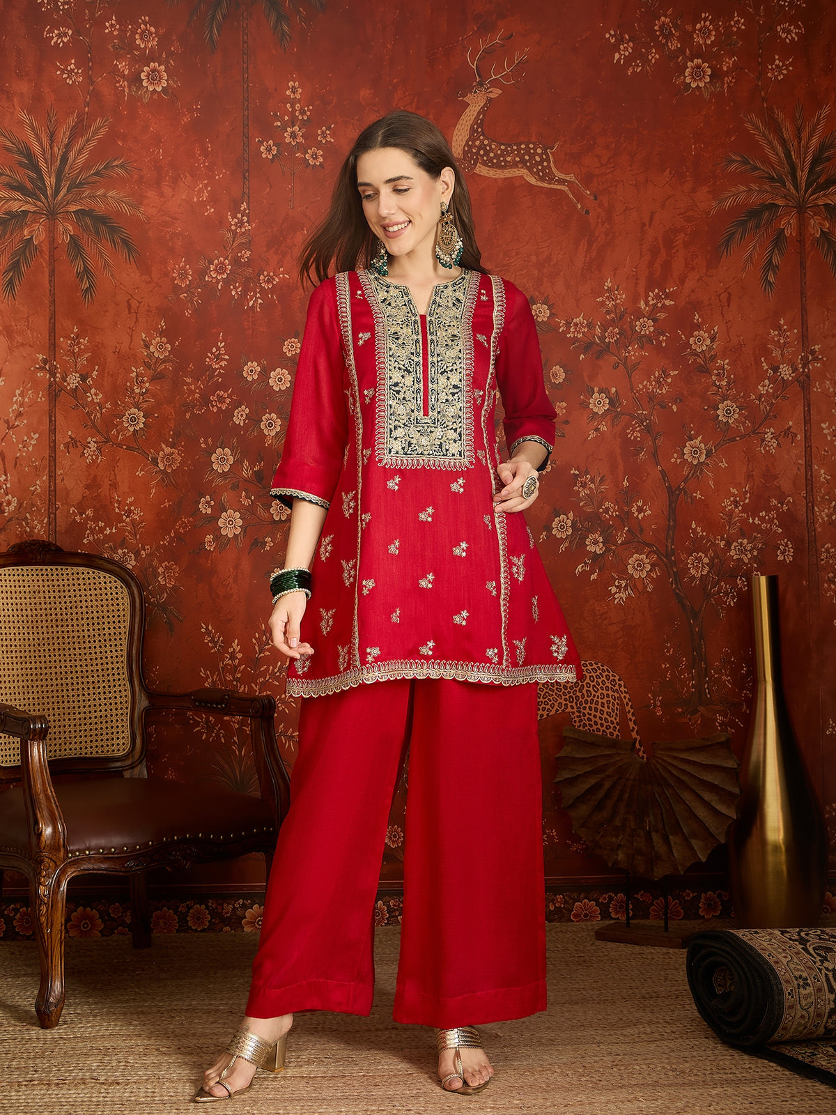 Red Embroidered Straight Suit (Readymade)
