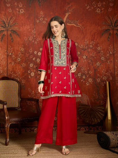 Red Embroidered Straight Suit (Readymade)