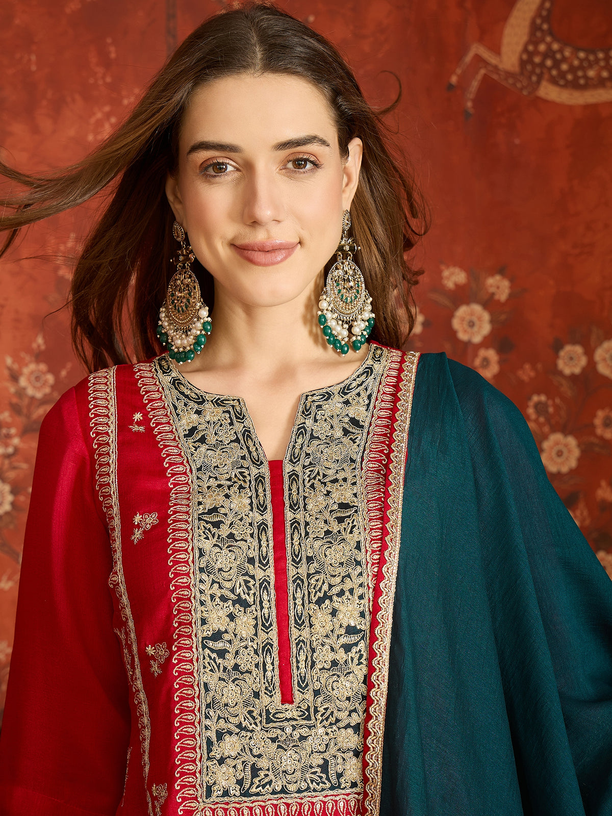 Red Embroidered Straight Suit (Readymade)