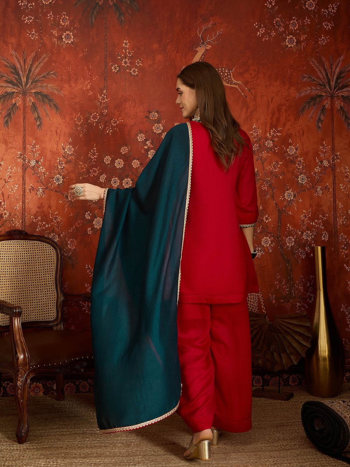 Red Embroidered Straight Suit (Readymade)