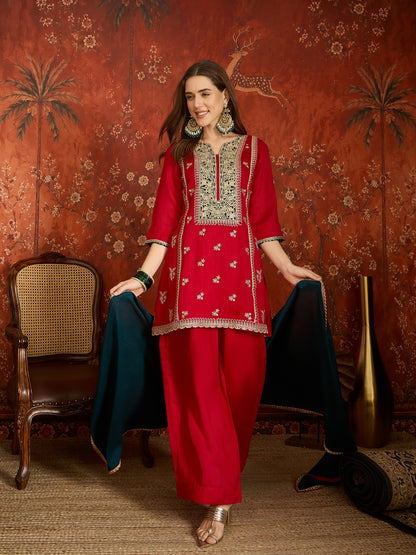 Red Embroidered Straight Suit (Readymade)