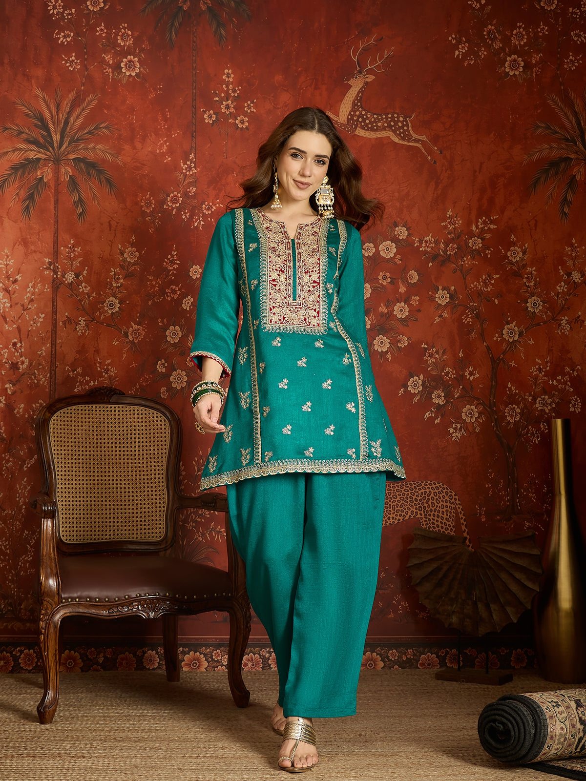 Teal Embroidered Straight Suit (Readymade)