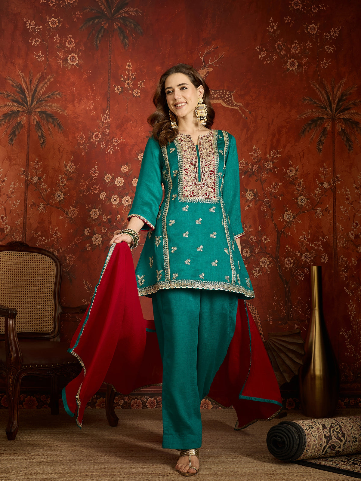 Teal Embroidered Straight Suit (Readymade)