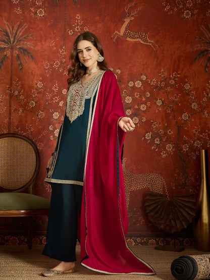 Navy Blue Embroidered Straight Suit (Readymade)