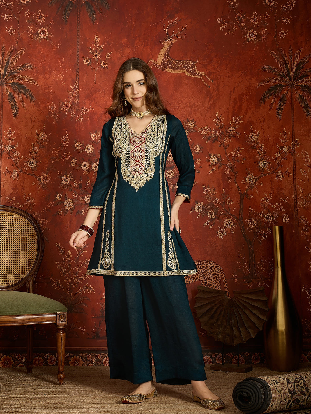 Navy Blue Embroidered Straight Suit (Readymade)