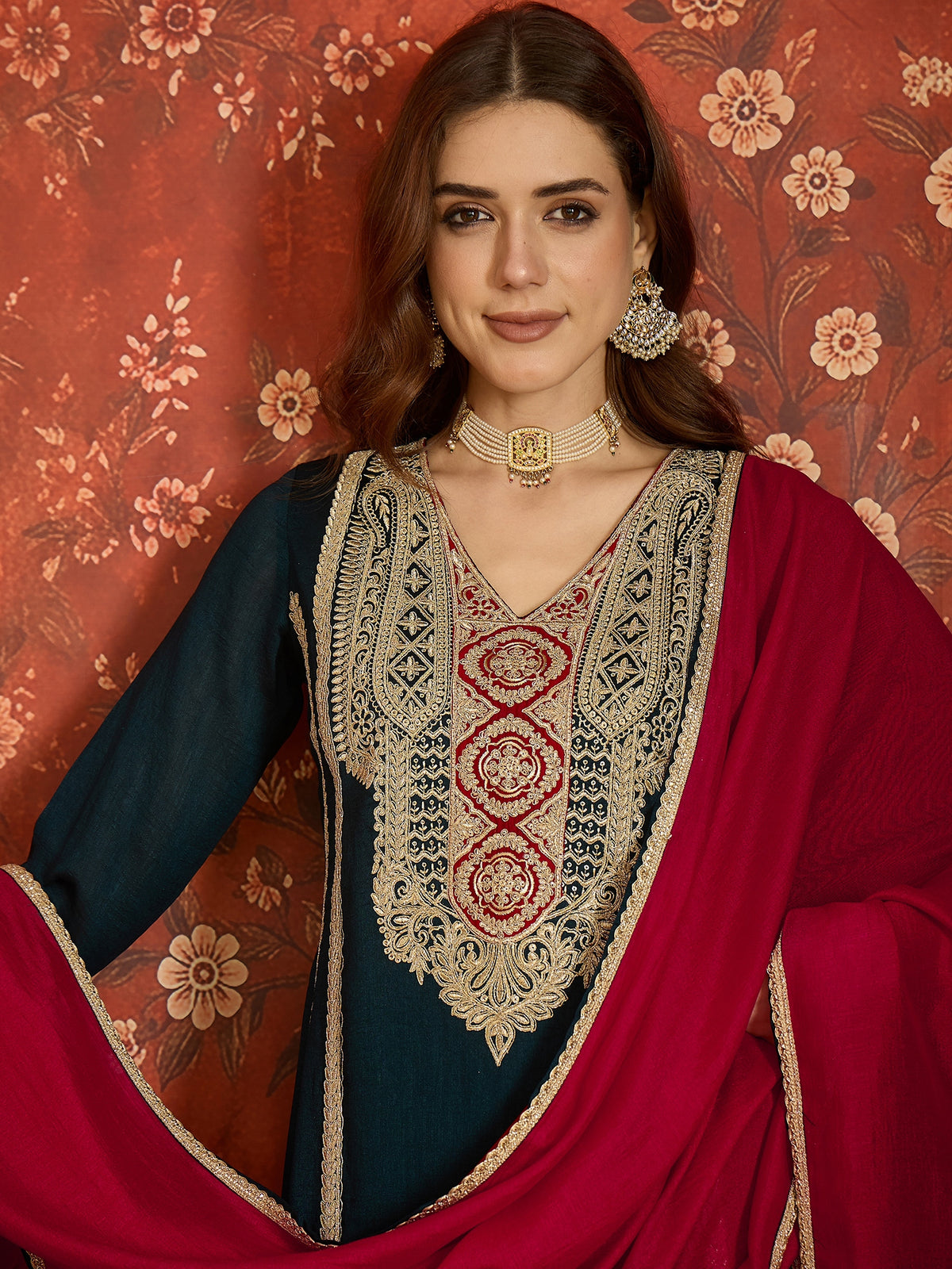 Navy Blue Embroidered Straight Suit (Readymade)