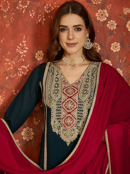Navy Blue Embroidered Straight Suit (Readymade)