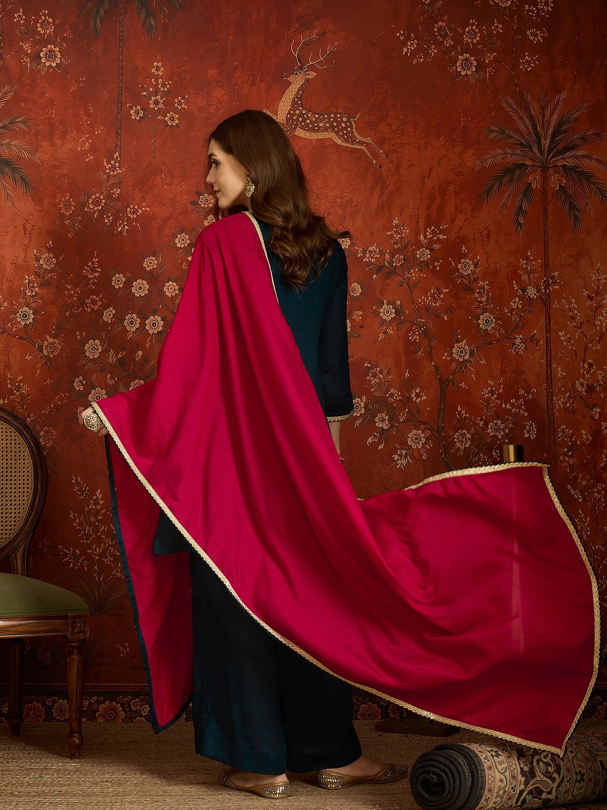 Navy Blue Embroidered Straight Suit (Readymade)
