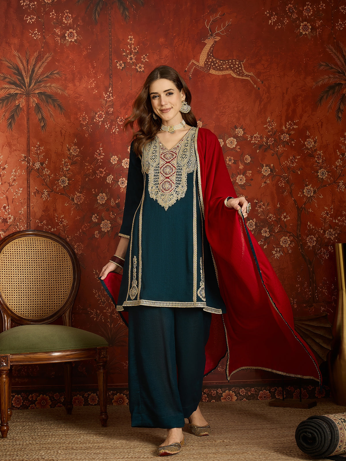 Navy Blue Embroidered Straight Suit (Readymade)