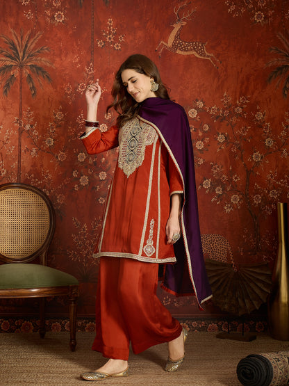 Rust Embroidered Straight Suit (Readymade)