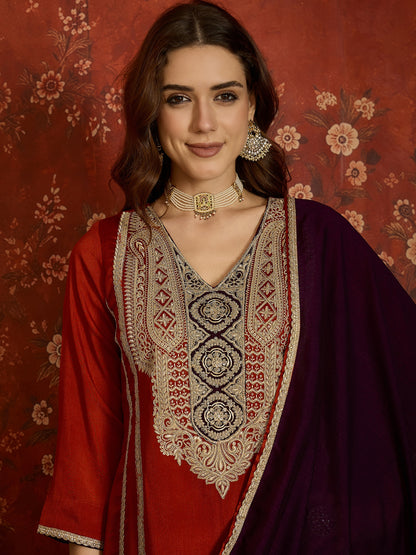 Rust Embroidered Straight Suit (Readymade)