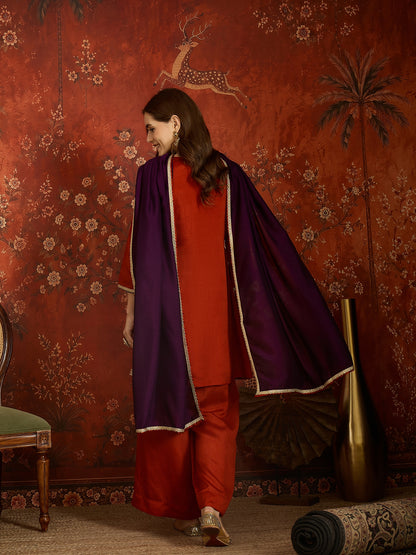 Rust Embroidered Straight Suit (Readymade)