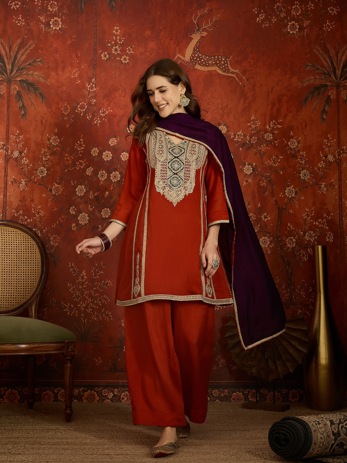 Rust Embroidered Straight Suit (Readymade)