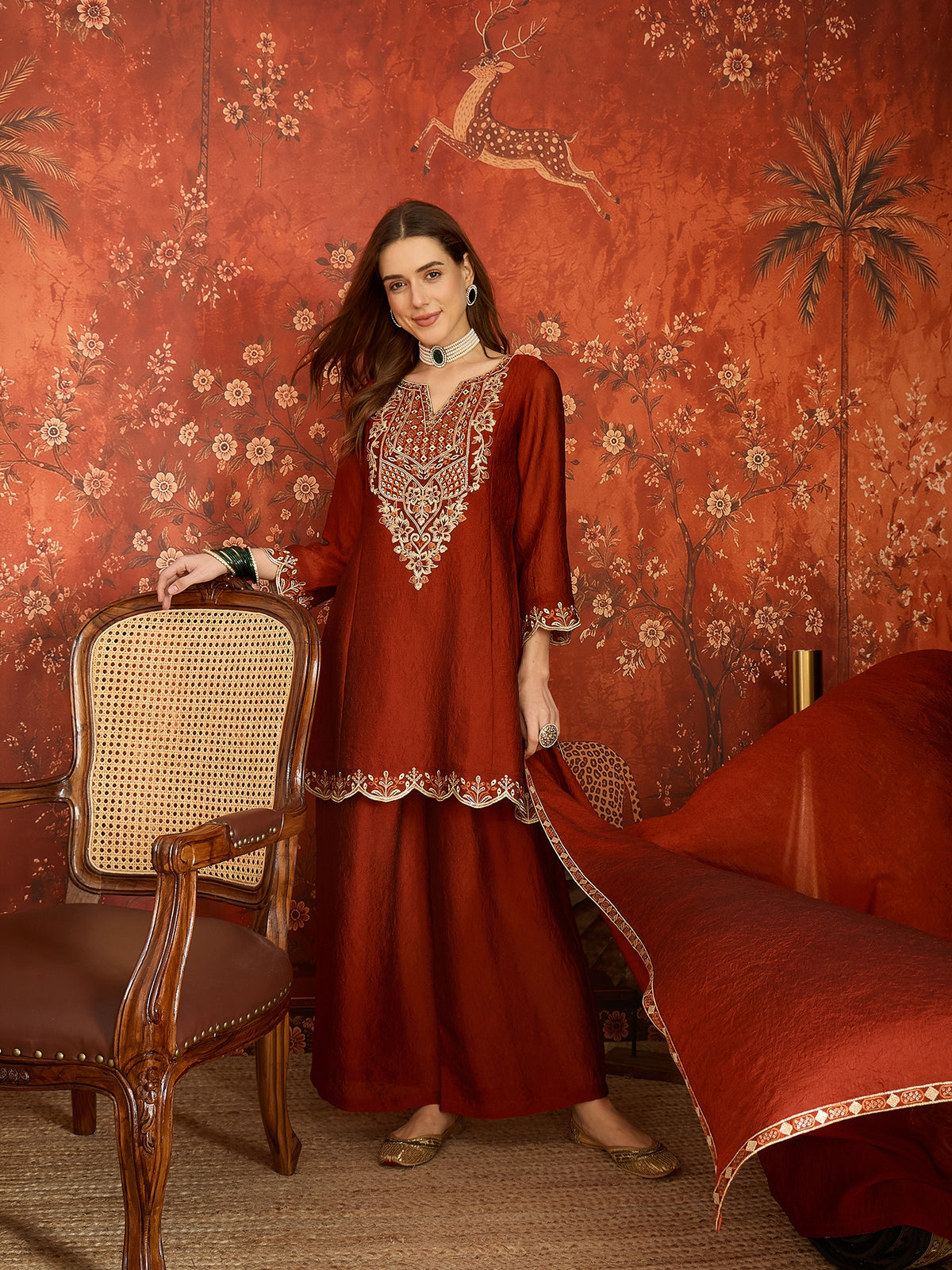 Rust Silk Embroidered Palazzo Suit (Readymade)