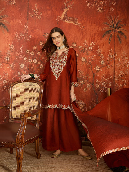 Rust Silk Embroidered Palazzo Suit (Readymade)
