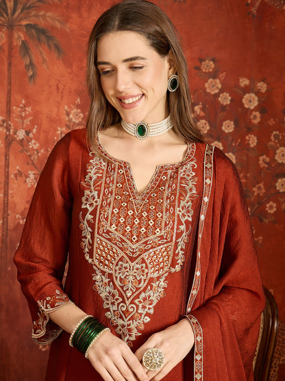 Rust Silk Embroidered Palazzo Suit (Readymade)