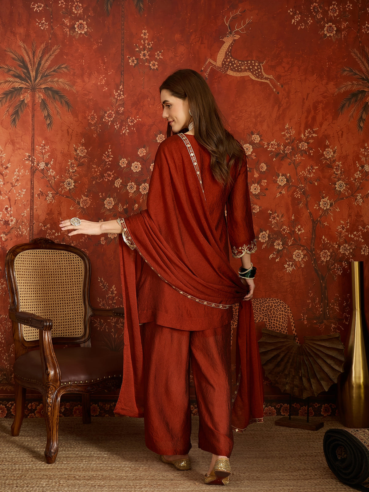 Rust Silk Embroidered Palazzo Suit (Readymade)