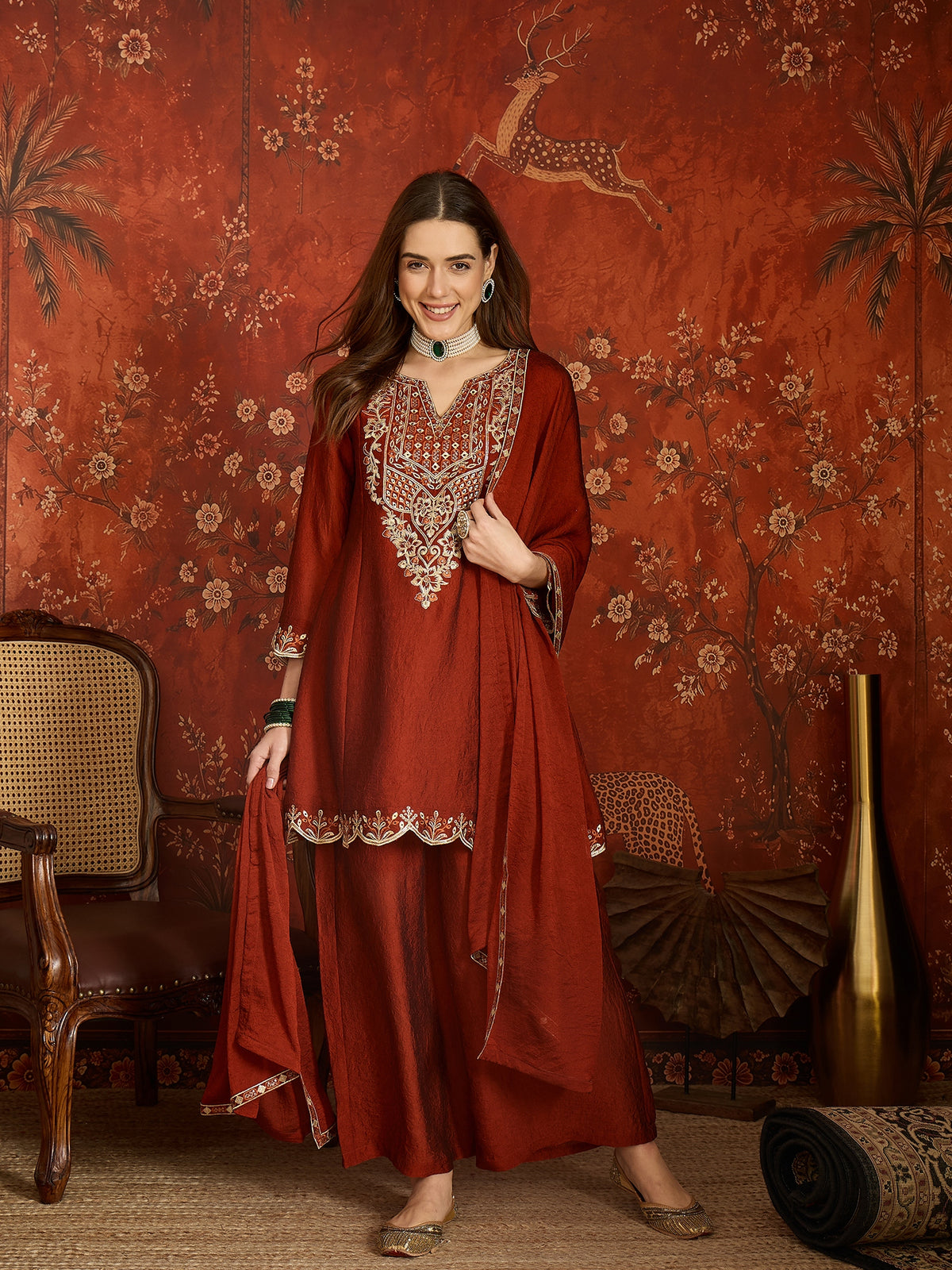 Rust Silk Embroidered Palazzo Suit (Readymade)