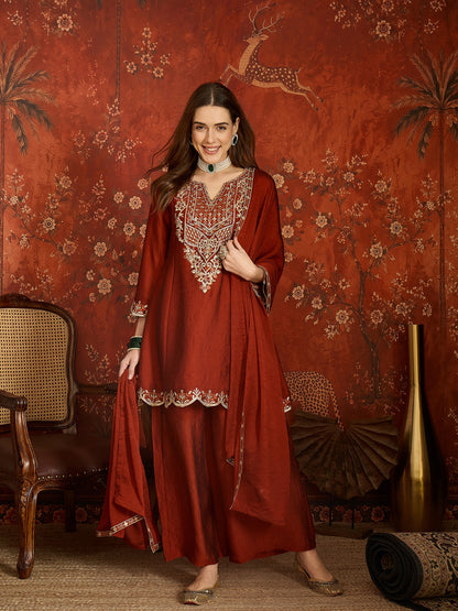 Rust Silk Embroidered Palazzo Suit (Readymade)