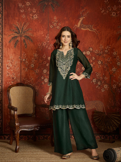 Pine Green Silk Embroidered Palazzo Suit (Readymade)