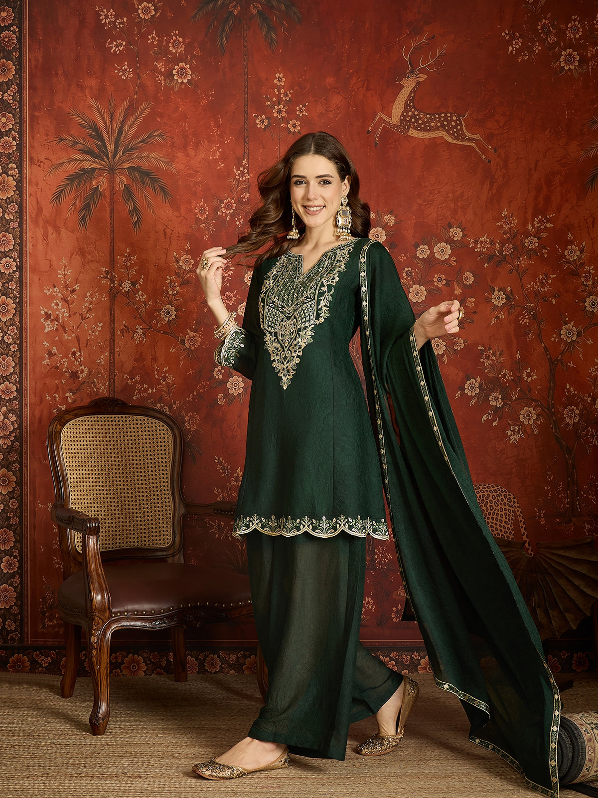 Pine Green Silk Embroidered Palazzo Suit (Readymade)