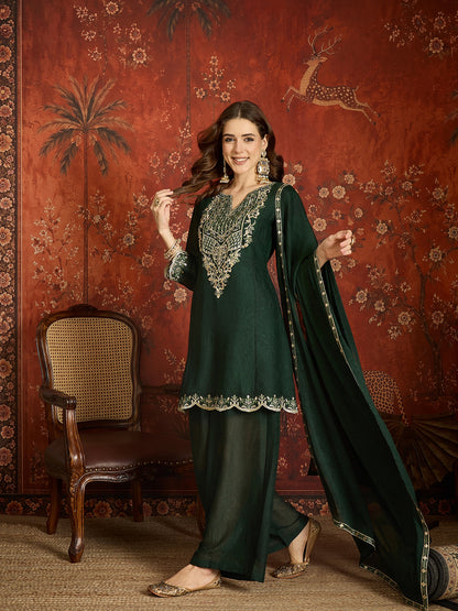Pine Green Silk Embroidered Palazzo Suit (Readymade)