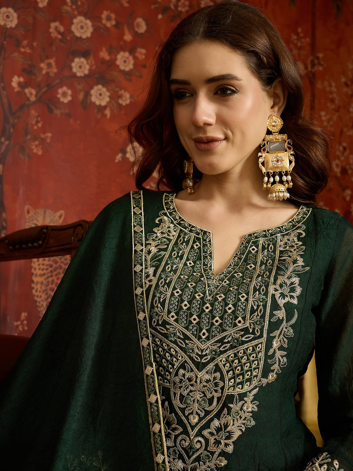 Pine Green Silk Embroidered Palazzo Suit (Readymade)