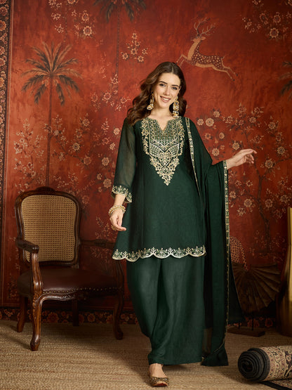Pine Green Silk Embroidered Palazzo Suit (Readymade)