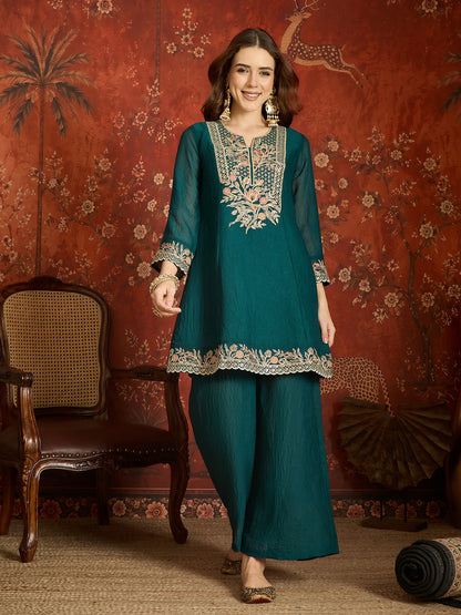Teal Silk Embroidered Palazzo Suit (Readymade)