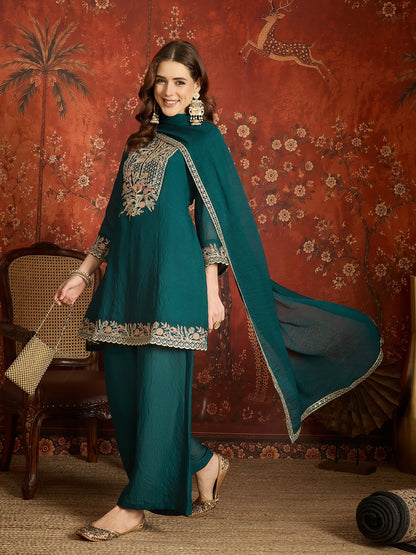 Teal Silk Embroidered Palazzo Suit (Readymade)