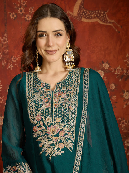 Teal Silk Embroidered Palazzo Suit (Readymade)