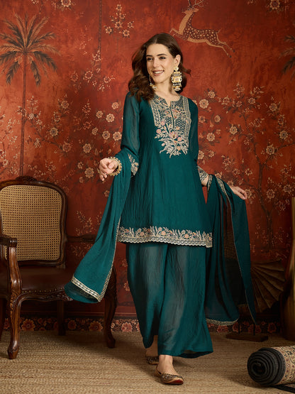 Teal Silk Embroidered Palazzo Suit (Readymade)
