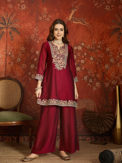 Maroon Silk Embroidered Palazzo Suit (Readymade)