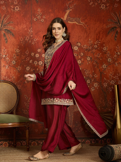 Maroon Silk Embroidered Palazzo Suit (Readymade)